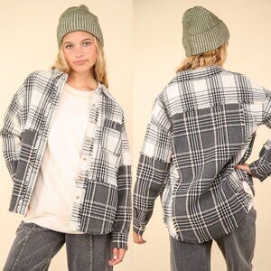 NEW IN Ivory Plaid Oversized Frayed Hem Drop Shoulder Button Down Casual Shacket